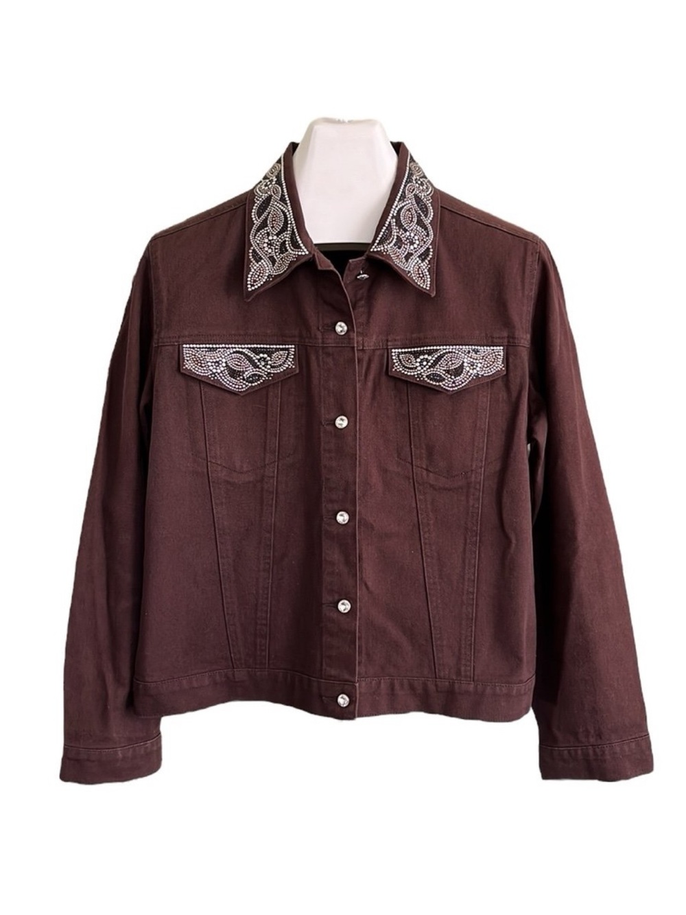 Christine Alexander brown denim jacket features striking rhinestone and crystal